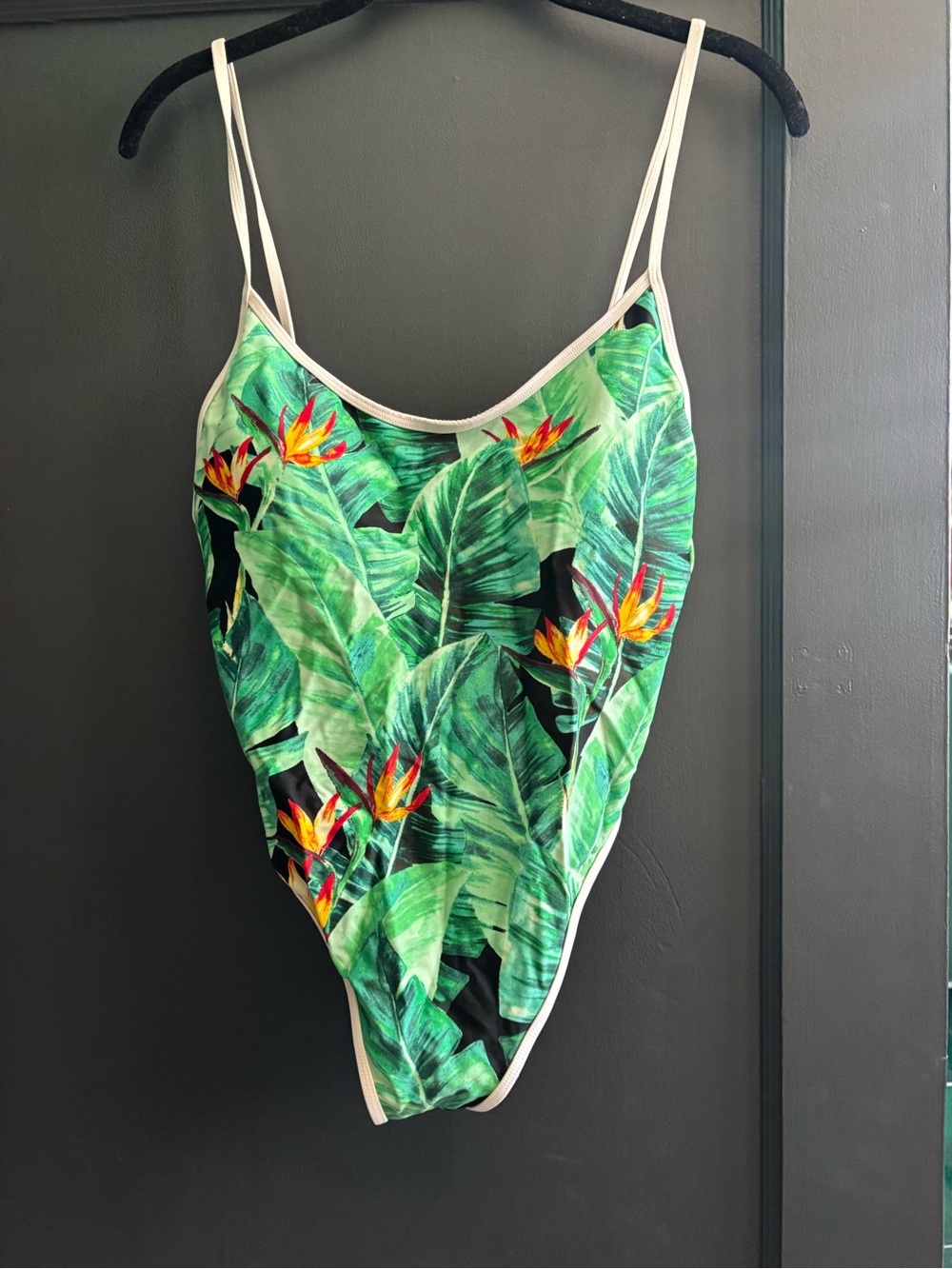 Source Unknown Tropical Green Leaf One-Piece Swimsuit with Cream Straps